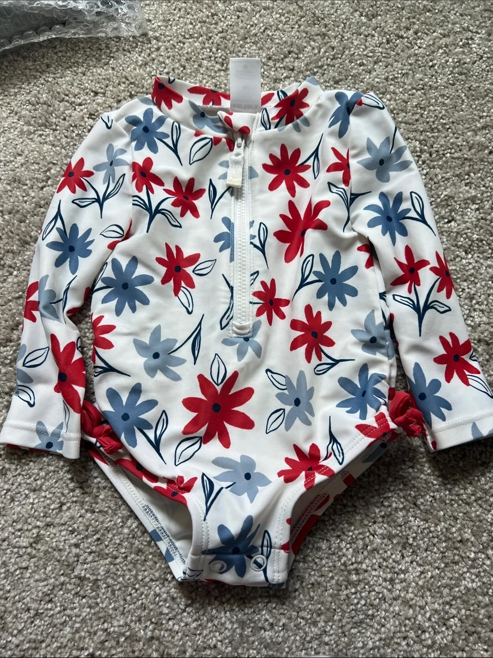 Carter's White Long Sleeve Swimsuit with Red & Navy Floral Print